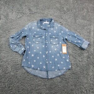Billy T Shirt Womens L Blue Seeing Stars Button-Up Chambray Pockets NWT